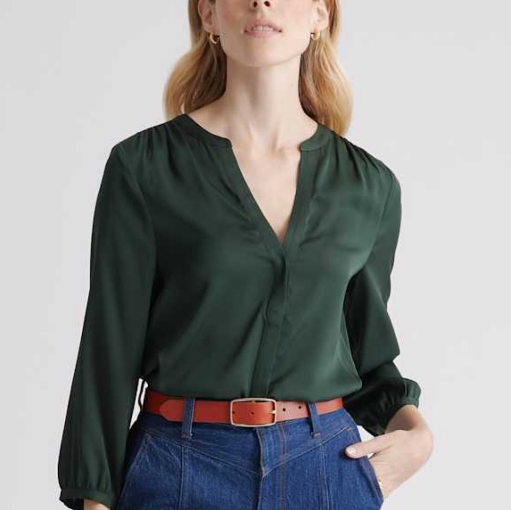 NWT Quince Silk Forest Green Blouse Sz. XS